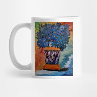 Blue flowers bouquet in a metallic gold and blue vase Mug
